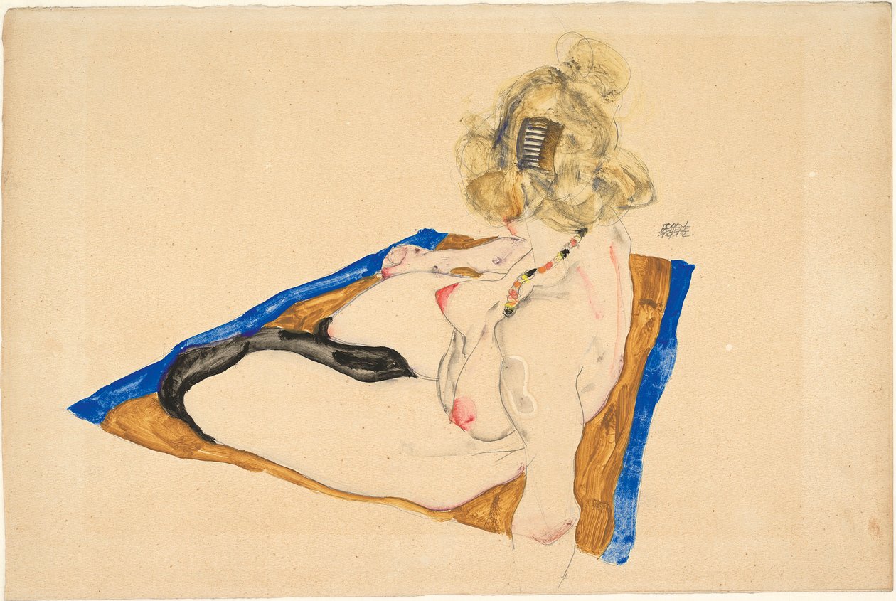 坐在棕色地毯上的金发裸女，有一个蓝色的边界，1912年。 作者 埃贡·席勒（Egon Schiele）