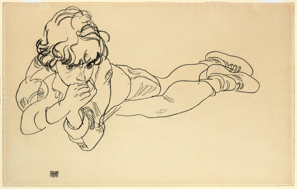 躺在肚子上的男孩，1918年 作者 埃贡·席勒（Egon Schiele）