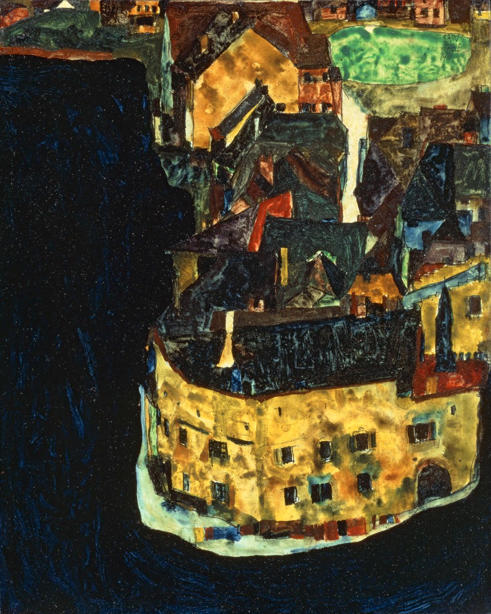 蓝色河流上的城市 II ... （木板上的油画和水粉画） 作者 埃贡·席勒（Egon Schiele）