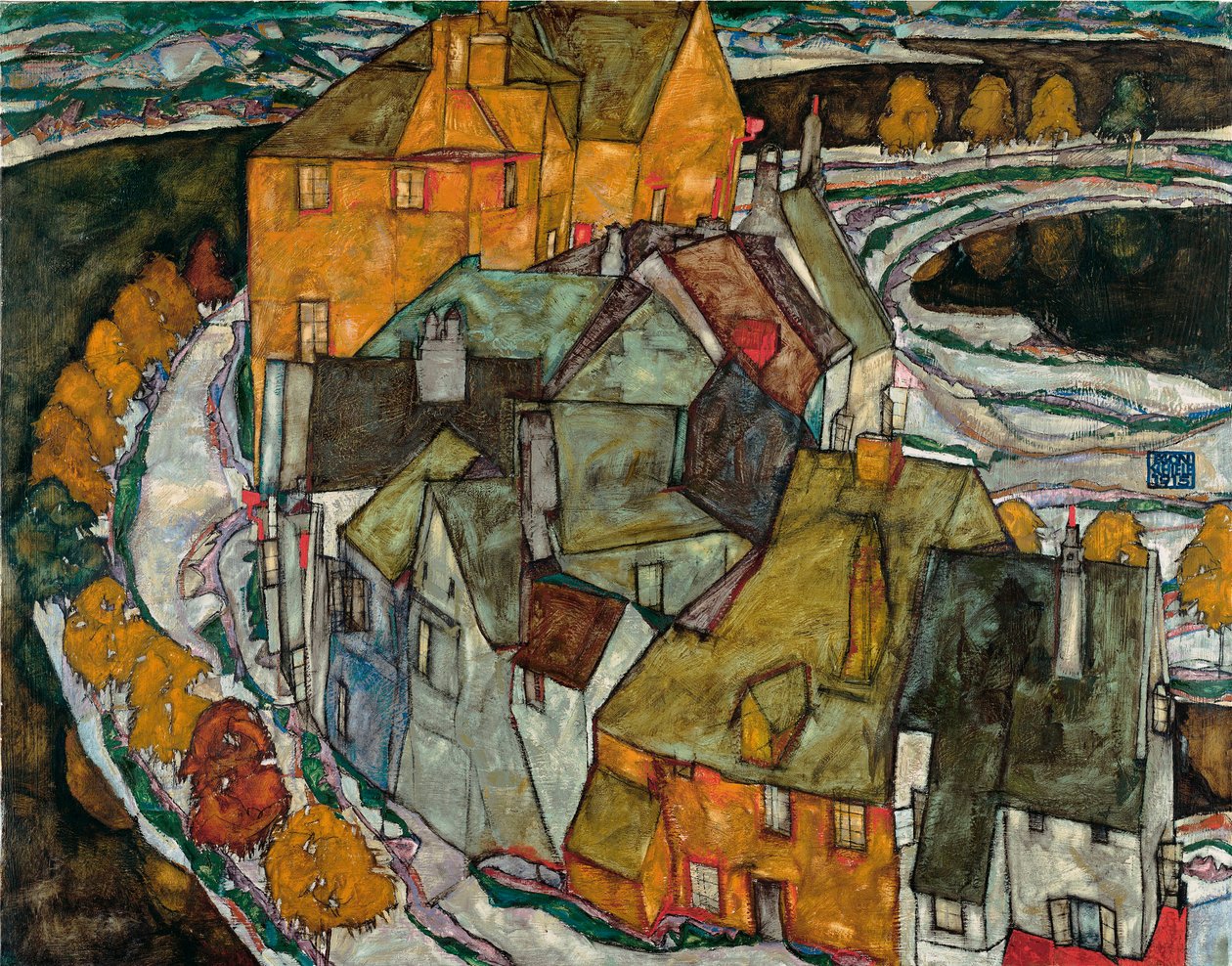 房屋新月 II（岛城）--埃贡-席勒（1890-1918 年）的油画，布面油画 作者 埃贡·席勒（Egon Schiele）