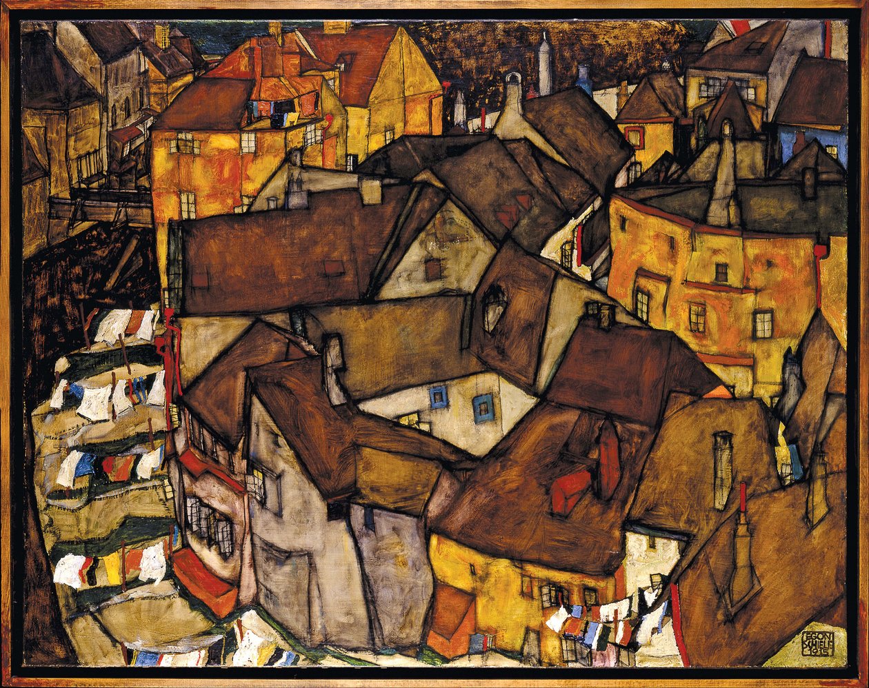 Croissant de maisons, Krumau (actuelle Cesky Krumlov, Tchecoslovaquie) - Crescent of Houses, Krumau (The Small City V), by Schiele, Egon (1890-1918). Oil on canvas 作者 埃贡·席勒（Egon Schiele）