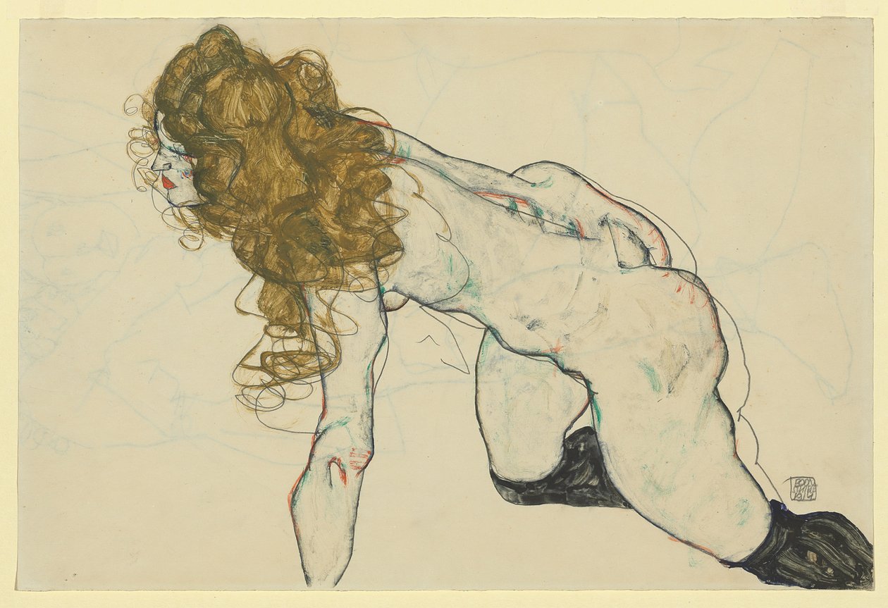 金发和左臂下蹲的女性裸体（右图） 作者 埃贡·席勒（Egon Schiele）