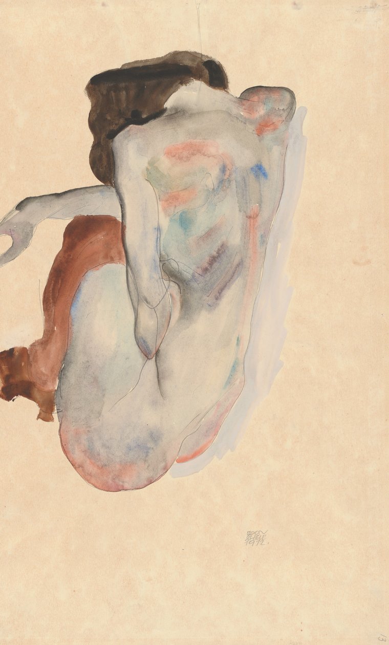 鞋子和黑色长筒袜的蹲伏裸体，背面，1912年。 作者 埃贡·席勒（Egon Schiele）