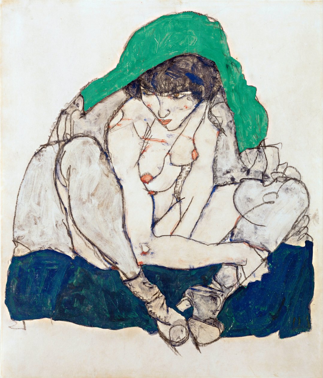 戴绿色头巾的蹲着的女人 - 席勒, 埃贡（1890-1918） - 1914 - 纸上黑色粉笔、水粉 - 47x31 - 维也纳利奥波德博物馆 作者 埃贡·席勒（Egon Schiele）