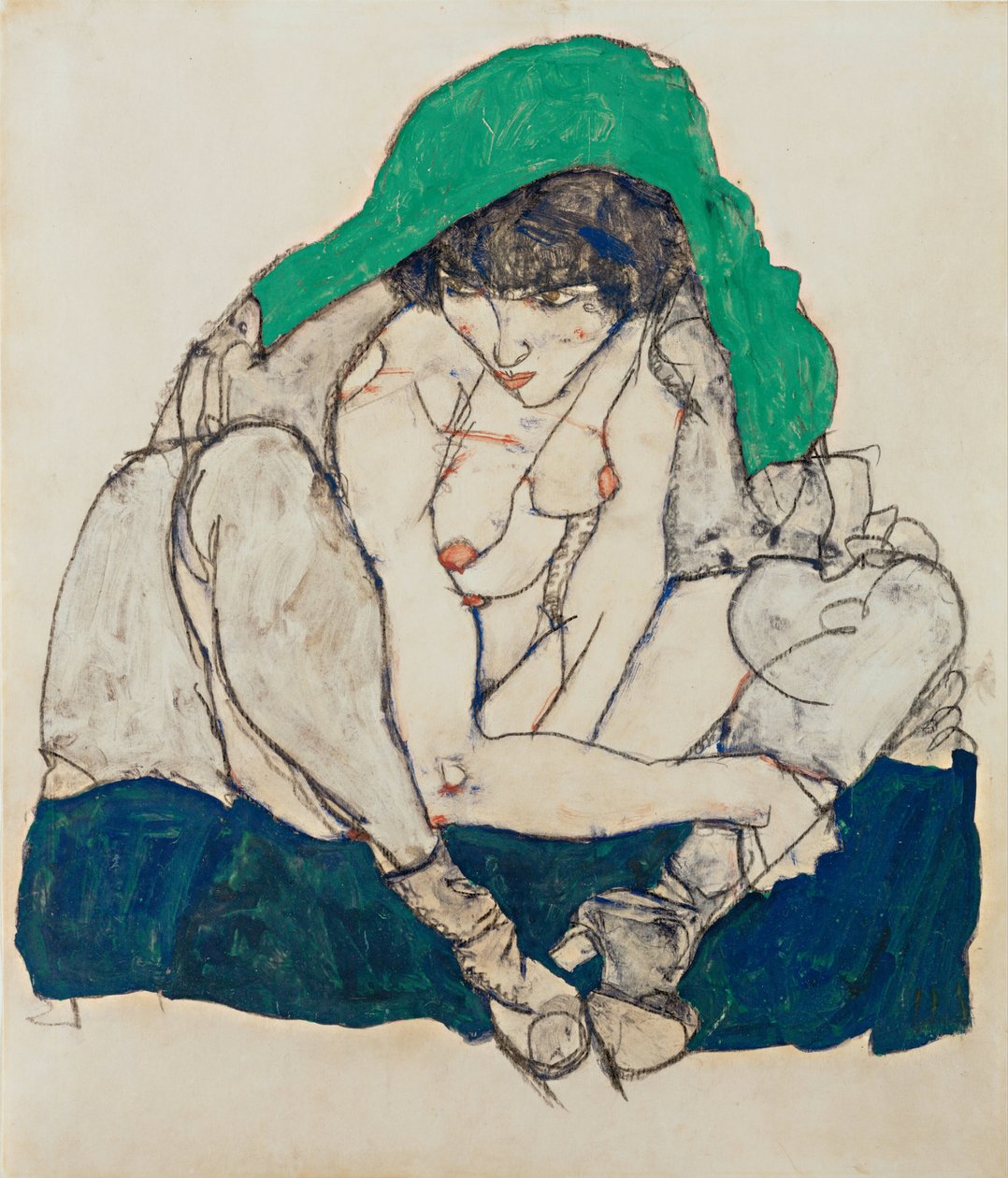 蹲着绿色头巾的女人，1914年 作者 埃贡·席勒（Egon Schiele）