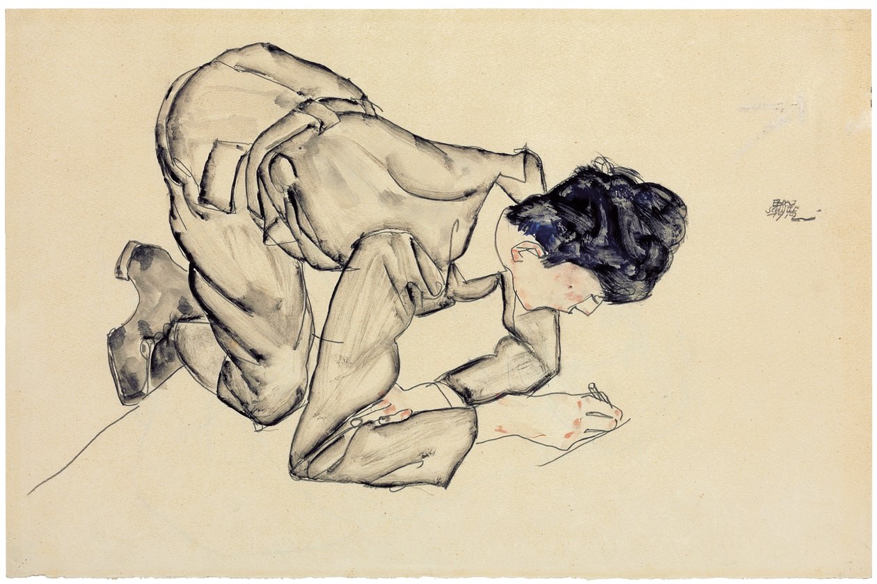 埃里希·莱德勒（Erich Lederer）在地板上绘画，1912年 作者 埃贡·席勒（Egon Schiele）
