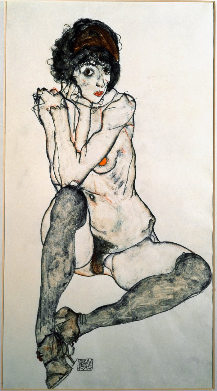 Egon Schiele女性裸体坐姿水彩画（1890-1918）1914 Dim.48,3x32 cm维也纳艺术收藏品Albertina 作者 埃贡·席勒（Egon Schiele）