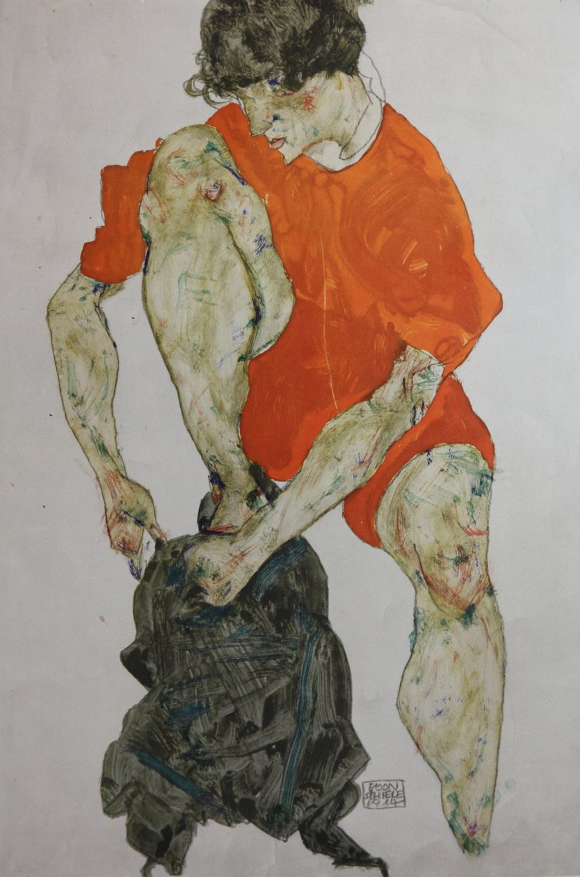 穿着红袍的女模特，1914年。 作者 埃贡·席勒（Egon Schiele）