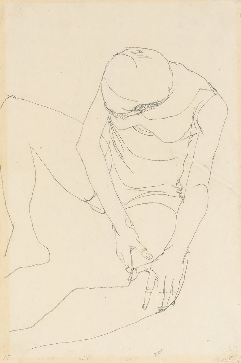女性裸体向前弯曲，双手放在左大腿上，1913年 作者 埃贡·席勒（Egon Schiele）