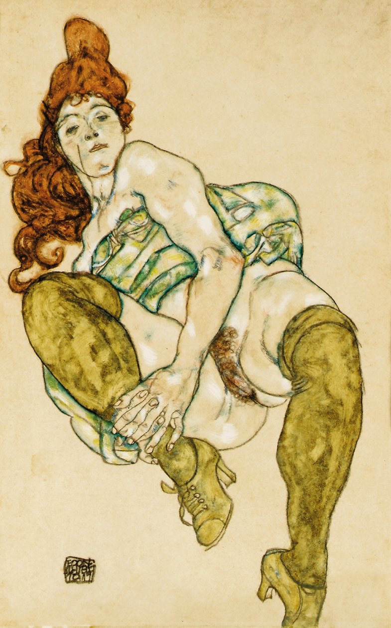 女性裸体紧握右腿，1917年 作者 埃贡·席勒（Egon Schiele）