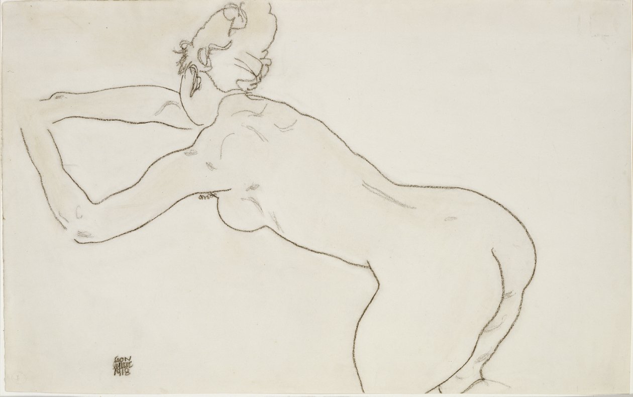 女性裸体跪着向左弯曲，1918年 作者 埃贡·席勒（Egon Schiele）