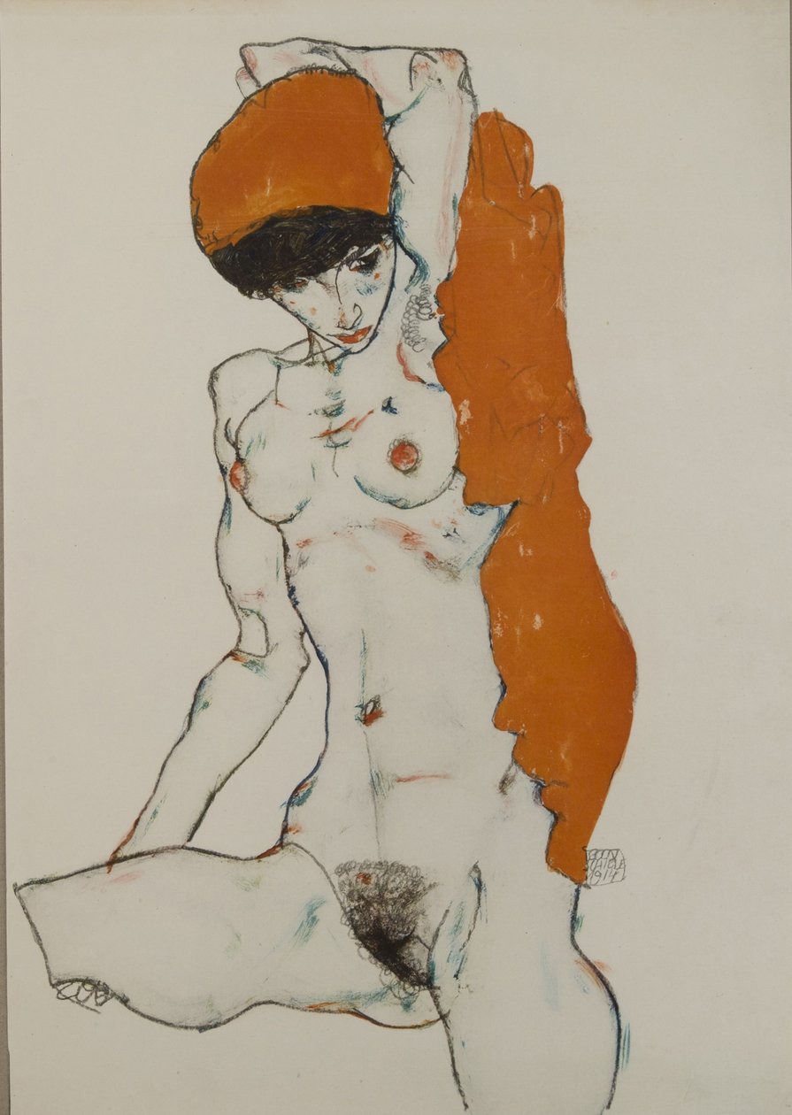 裸女用橘红色布，1914年 作者 埃贡·席勒（Egon Schiele）