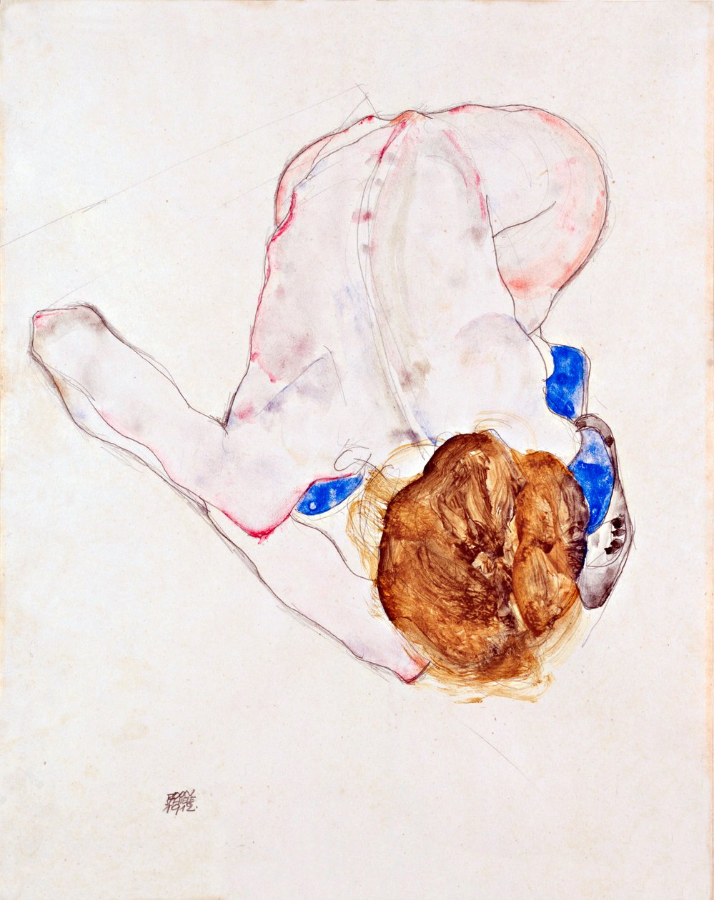 穿蓝丝袜的裸女，前倾 - 纸上水粉画，埃贡-席勒（1890-1918 年） 作者 埃贡·席勒（Egon Schiele）