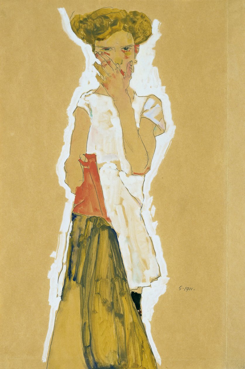 "Fille debout en combinaison blanche" (穿着白色衬衣的站立女孩) Egon Schiele (1890-1918) 的纸上水粉画 - 1911年 Dim 55x37 cm 纽约现代艺术博物馆 作者 埃贡·席勒（Egon Schiele）