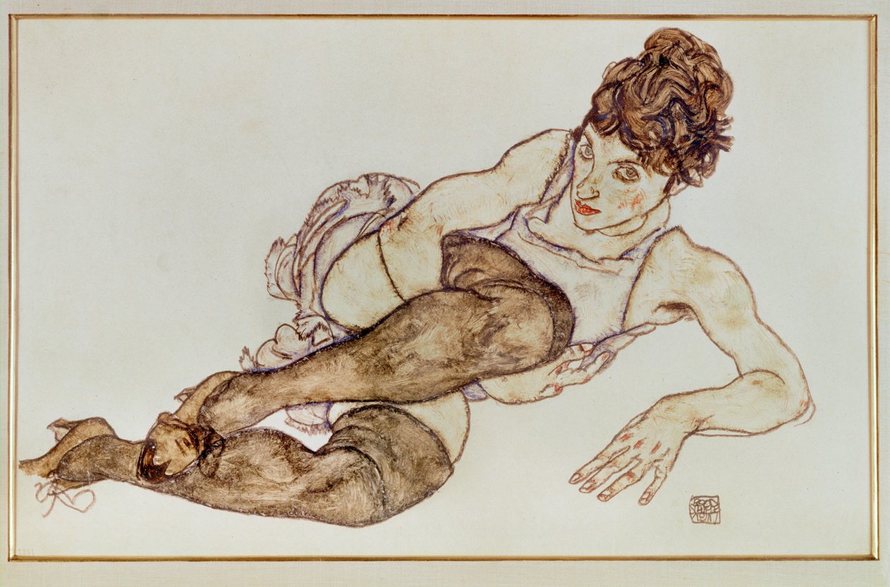 穿棕色丝袜的女人 - 女人......（水粉画和黑色蜡笔） 作者 埃贡·席勒（Egon Schiele）