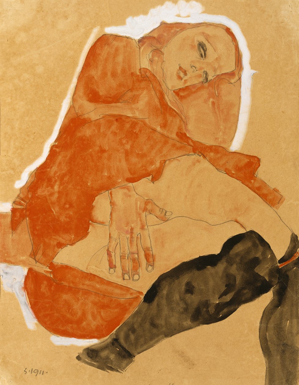 红袍黑丝袜的女孩 作者 埃贡·席勒（Egon Schiele）