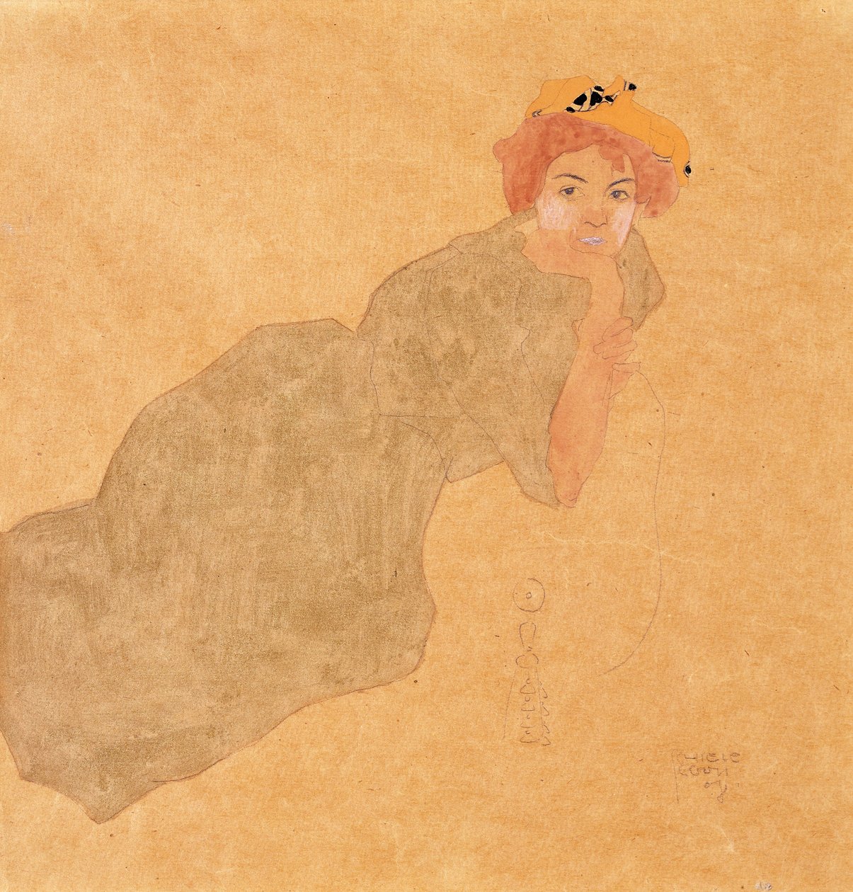 1908年，橄榄色的女孩，用支撑的手臂的女孩 作者 埃贡·席勒（Egon Schiele）