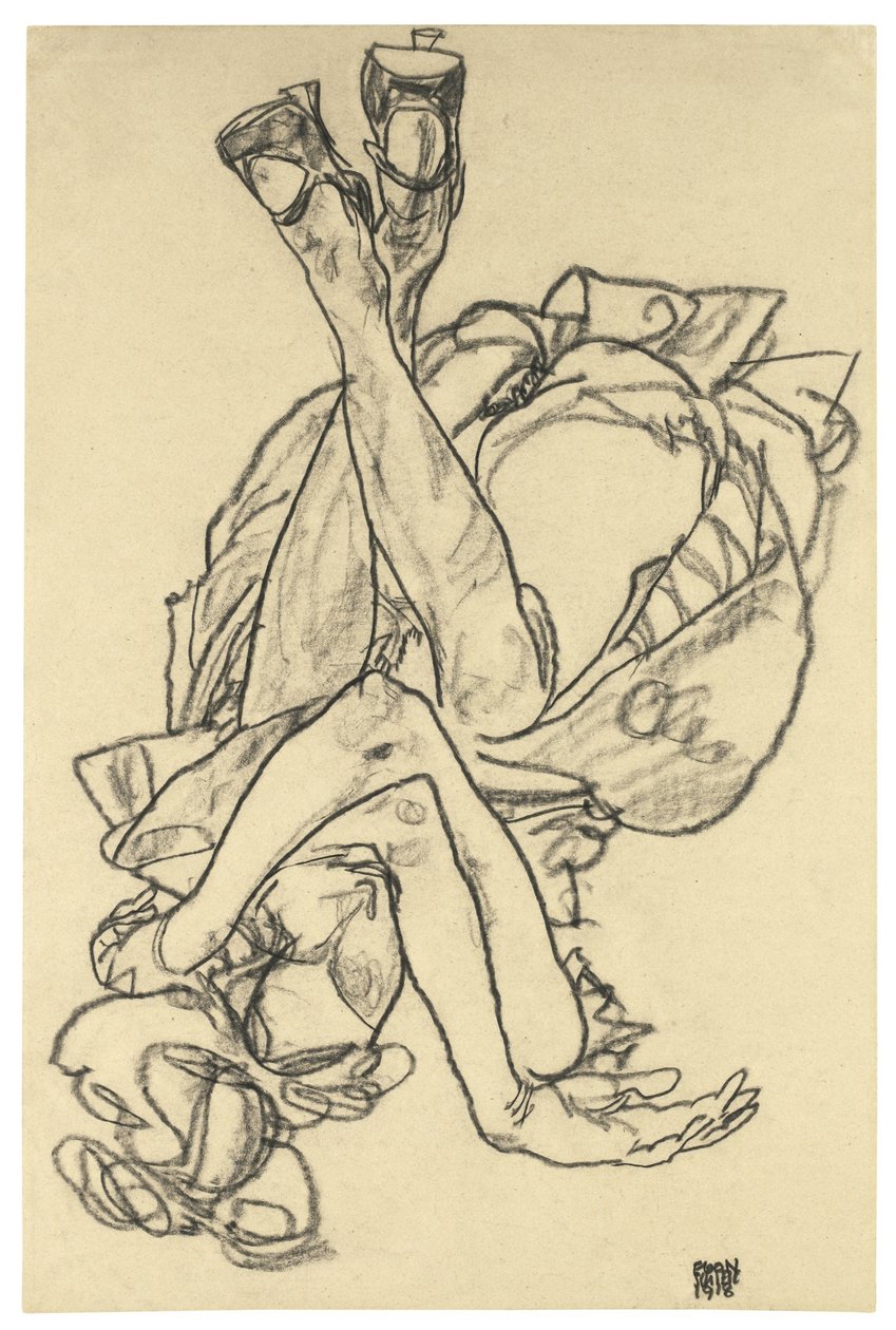 1918年，女孩躺在她的背上，双臂和双腿交叉 作者 埃贡·席勒（Egon Schiele）