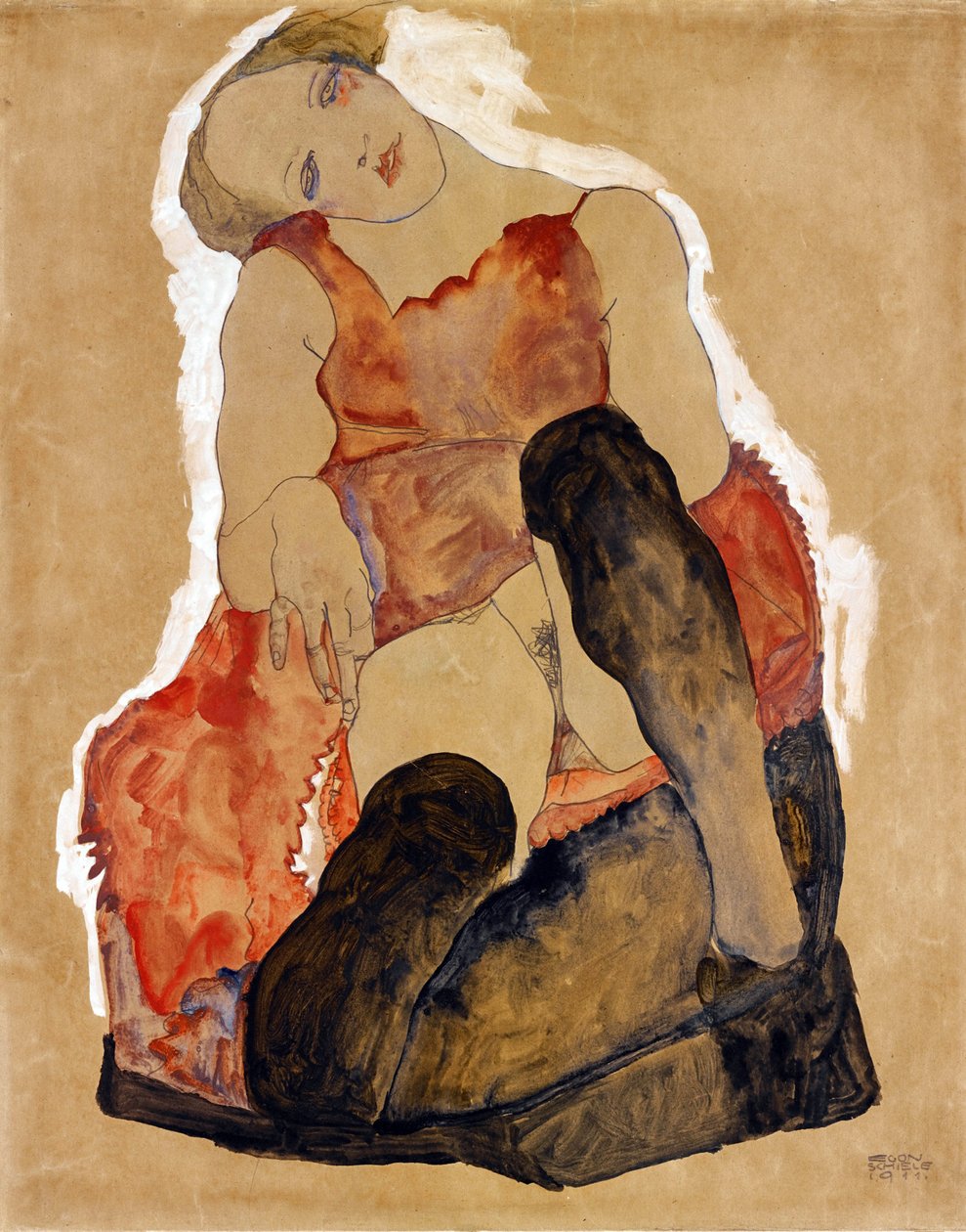 埃贡 (1890-1918) 席勒 (Schiele) 的黑丝袜女孩 作者 埃贡·席勒（Egon Schiele）