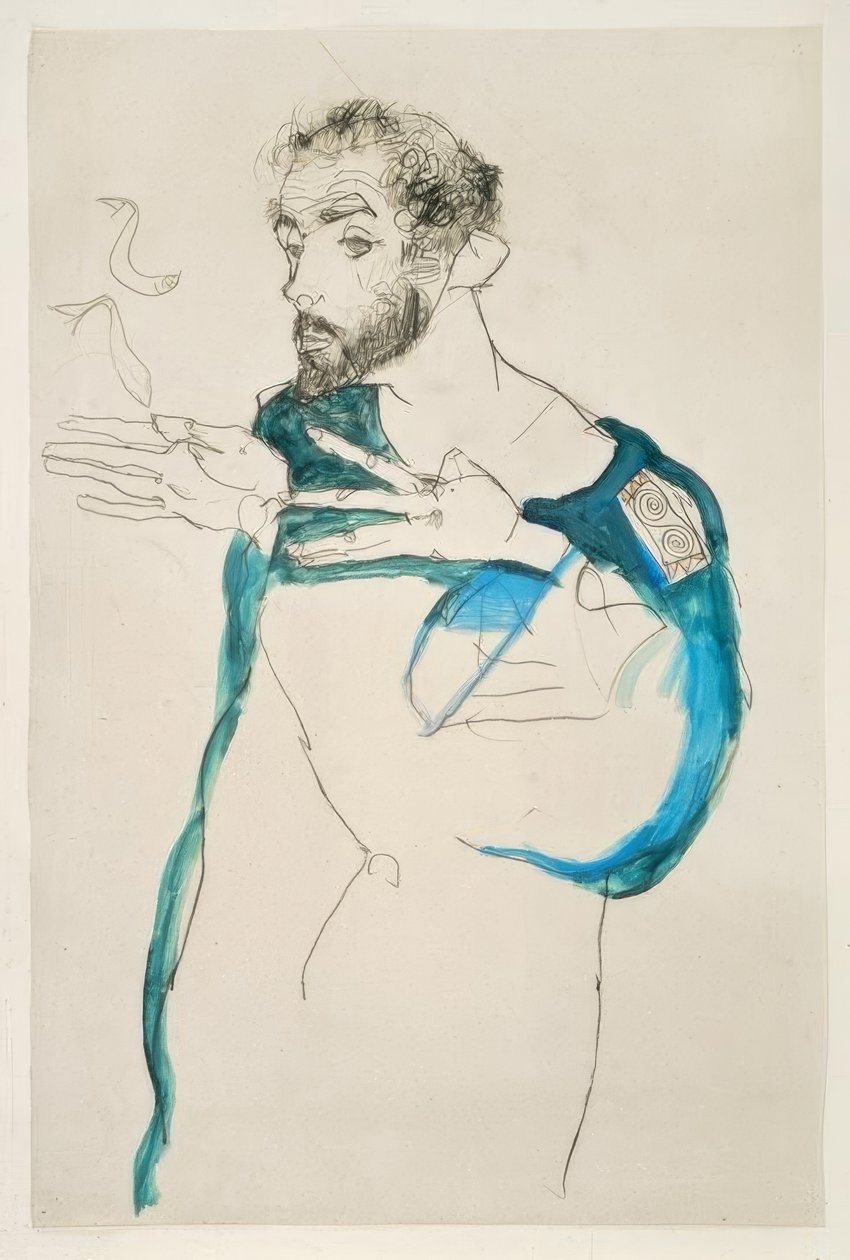 古斯塔夫·克里姆特（Gustav Klimt）穿着蓝色工作服 作者 埃贡·席勒（Egon Schiele）