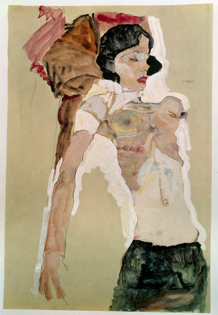 半裸女。由Egon Schiele（1890-1918）绘制，1911年铅笔和水彩画在纸上。昏暗：45,9x31,1cm。维也纳，Graphische Sammlung Albertina 作者 埃贡·席勒（Egon Schiele）