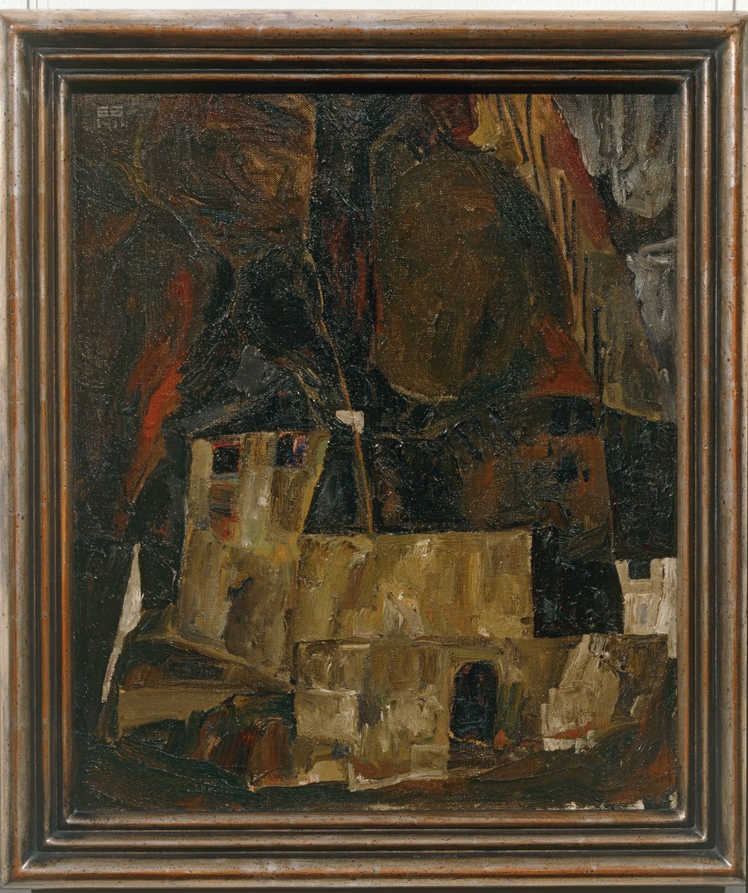 Haus und Mauer vor hügeligem Gelände - 丘陵景观前的房屋和墙壁... 作者 埃贡·席勒（Egon Schiele）