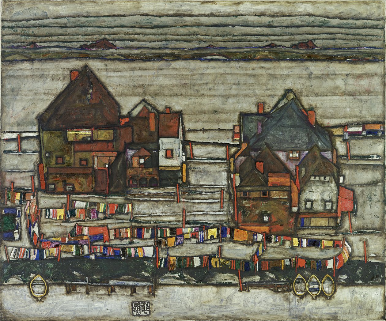 带清洗线的房屋，1914年 作者 埃贡·席勒（Egon Schiele）