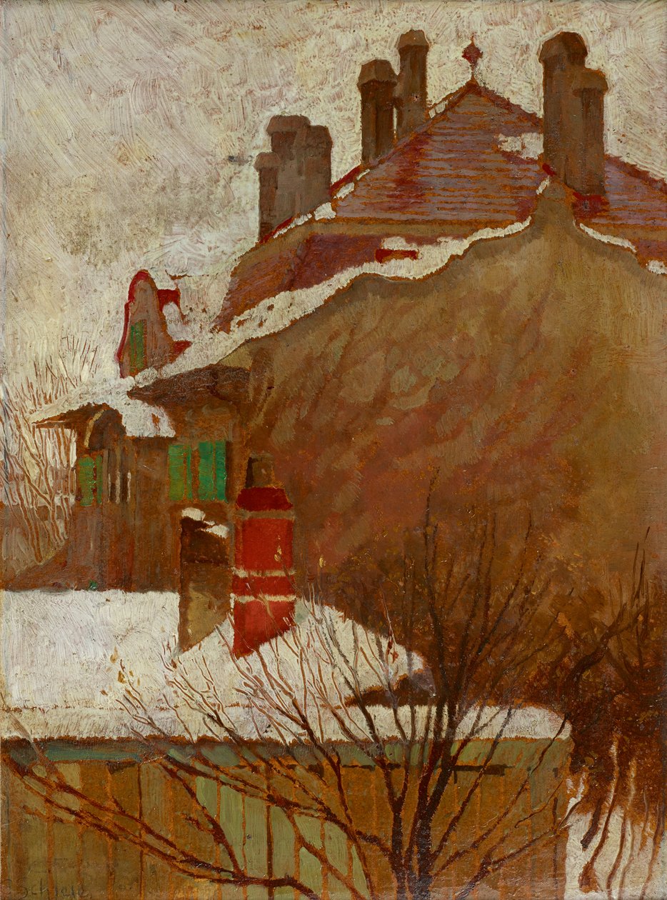 冬天的房子 从工作室看，1907-1908。 作者 埃贡·席勒（Egon Schiele）