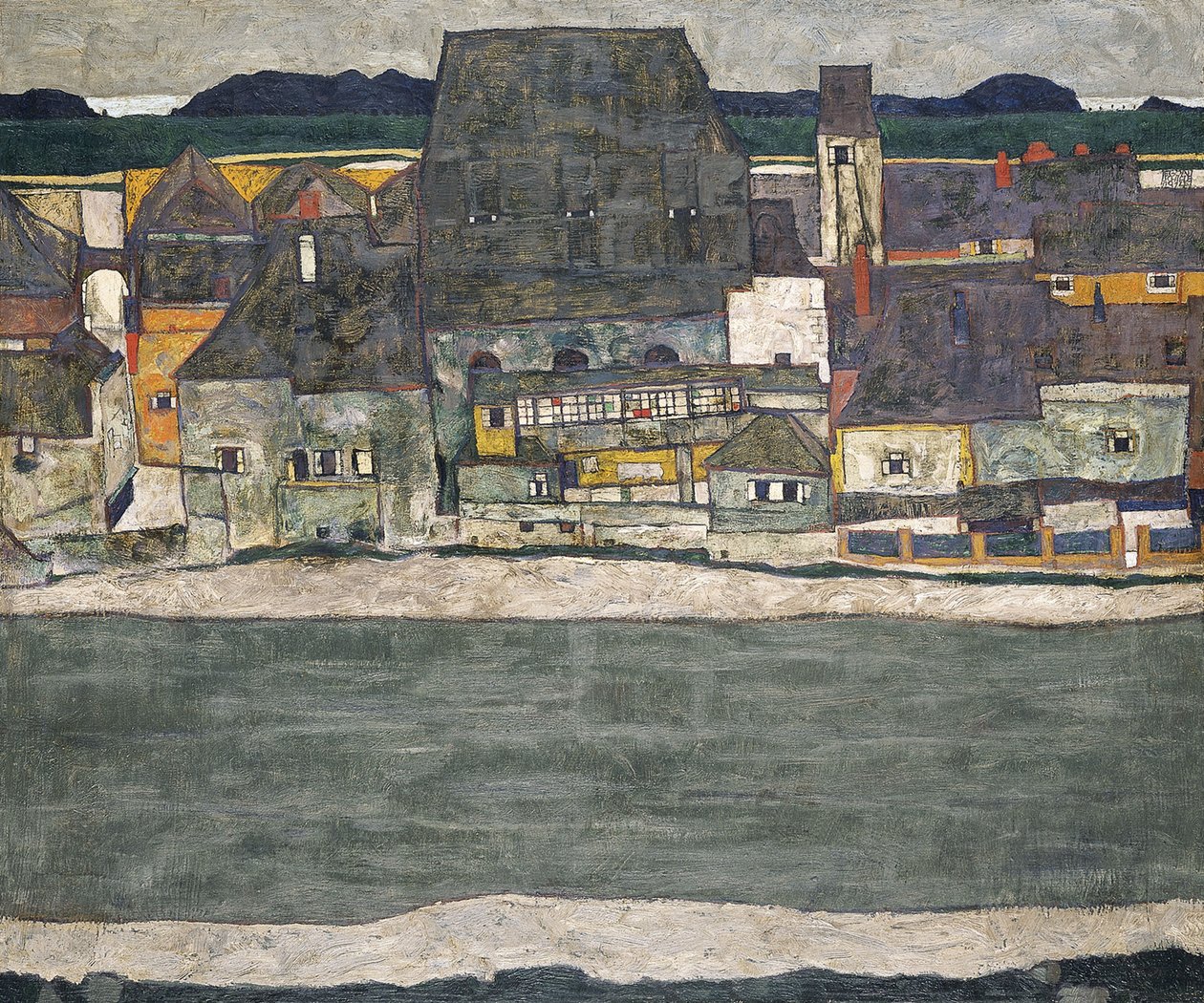 河上的房屋旧城区，1914年 作者 埃贡·席勒（Egon Schiele）