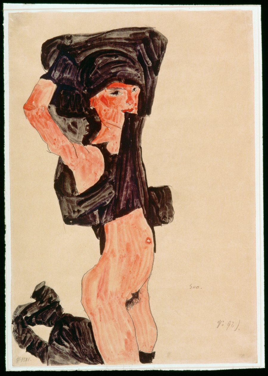 跪着的女孩，脱衣（水粉、水彩和铅笔） 作者 埃贡·席勒（Egon Schiele）