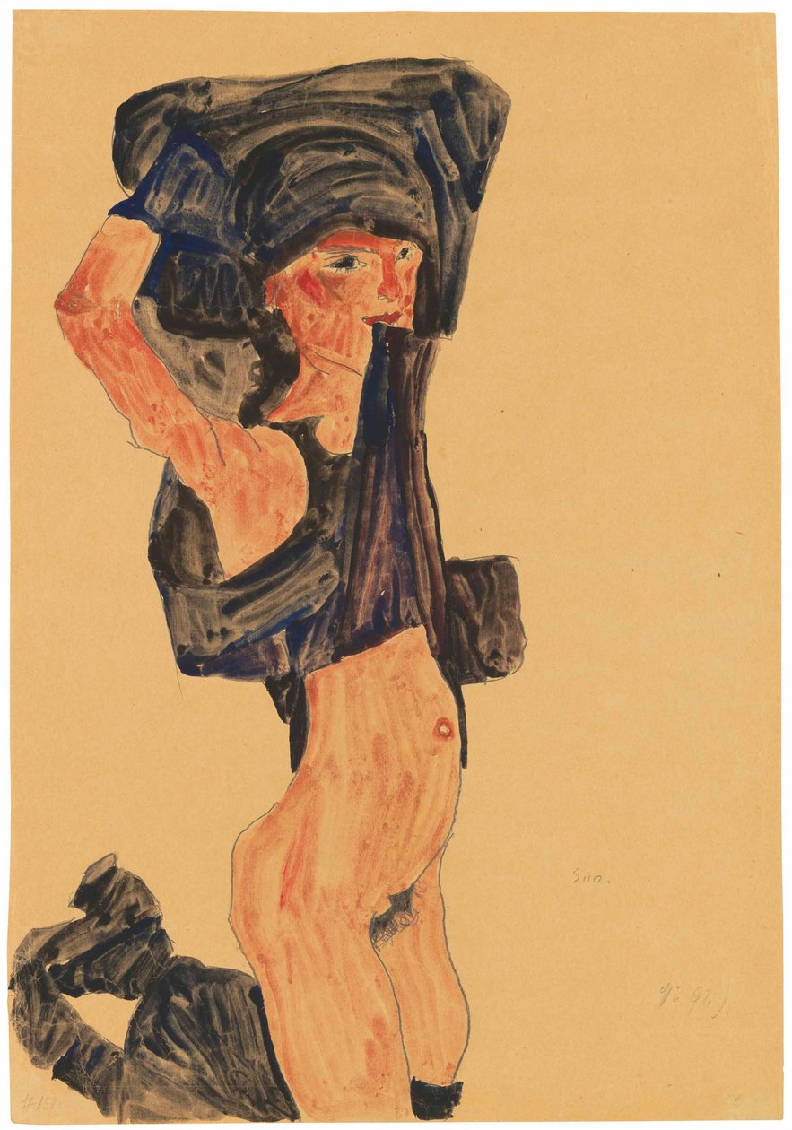 跪着的女孩把裙子拉到头上，1910年。 作者 埃贡·席勒（Egon Schiele）