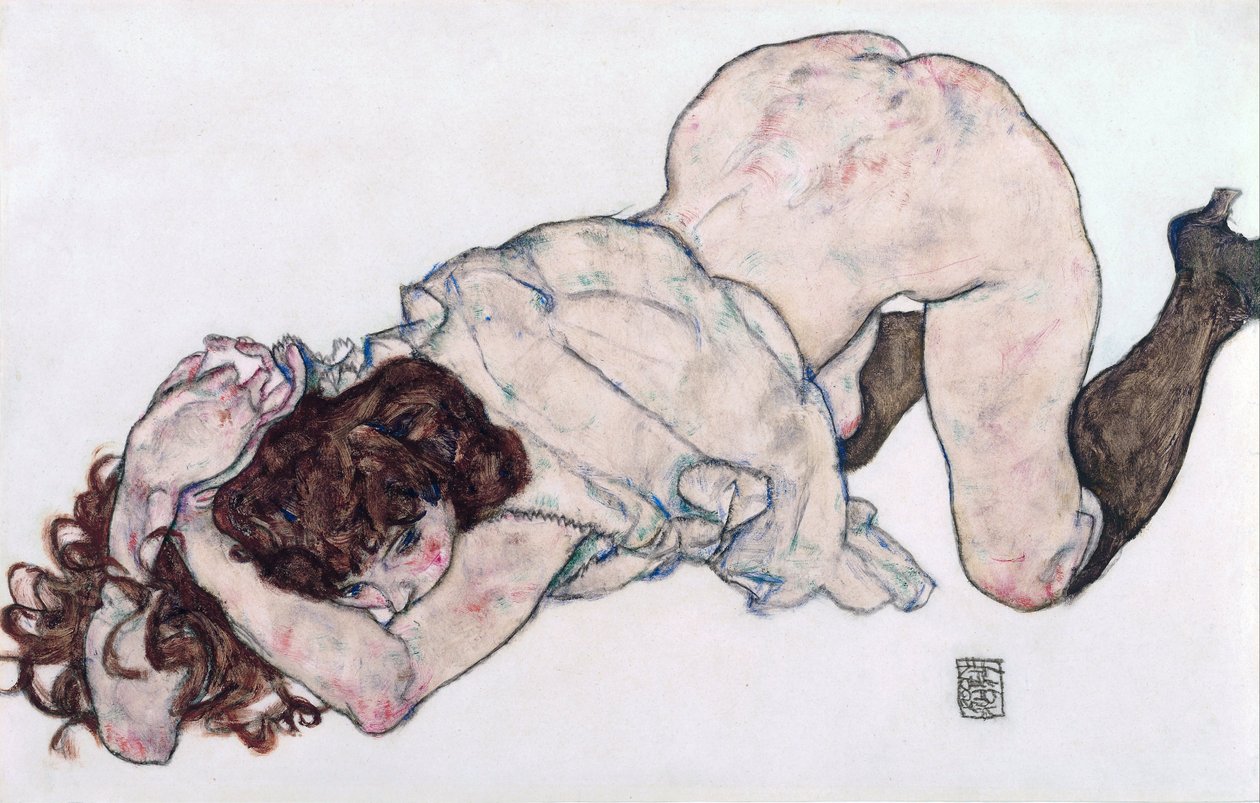 跪着的女孩，双肘着地 - 舍勒, 埃贡（1890-1918） - 1917 - 纸上黑色粉笔、水粉 - 28,7x44,3 - 维也纳利奥波德博物馆 作者 埃贡·席勒（Egon Schiele）