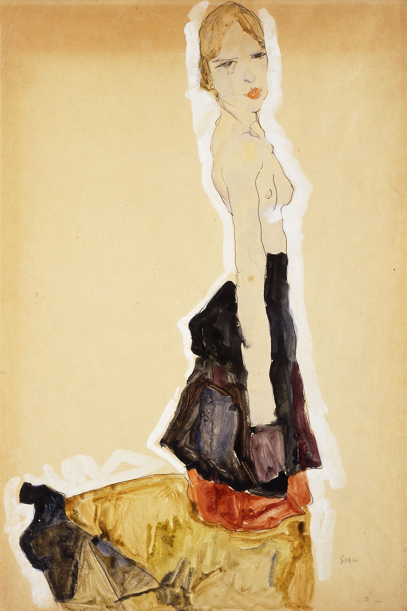 跪着西班牙裙子的女孩；跪着西班牙裙子的女孩，1911年 作者 埃贡·席勒（Egon Schiele）