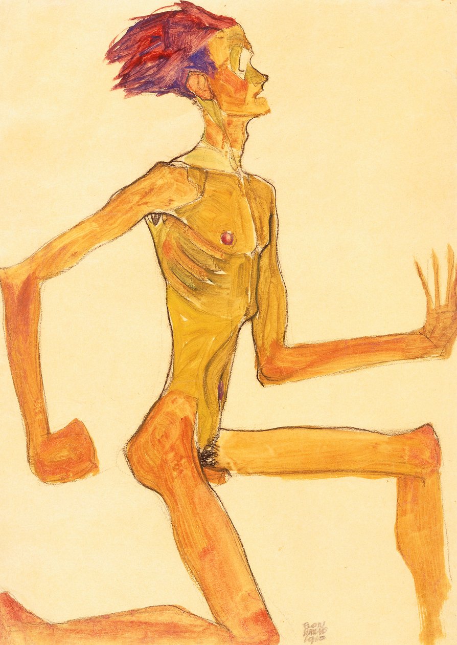 跪着裸体的男人，在右边的轮廓 作者 埃贡·席勒（Egon Schiele）