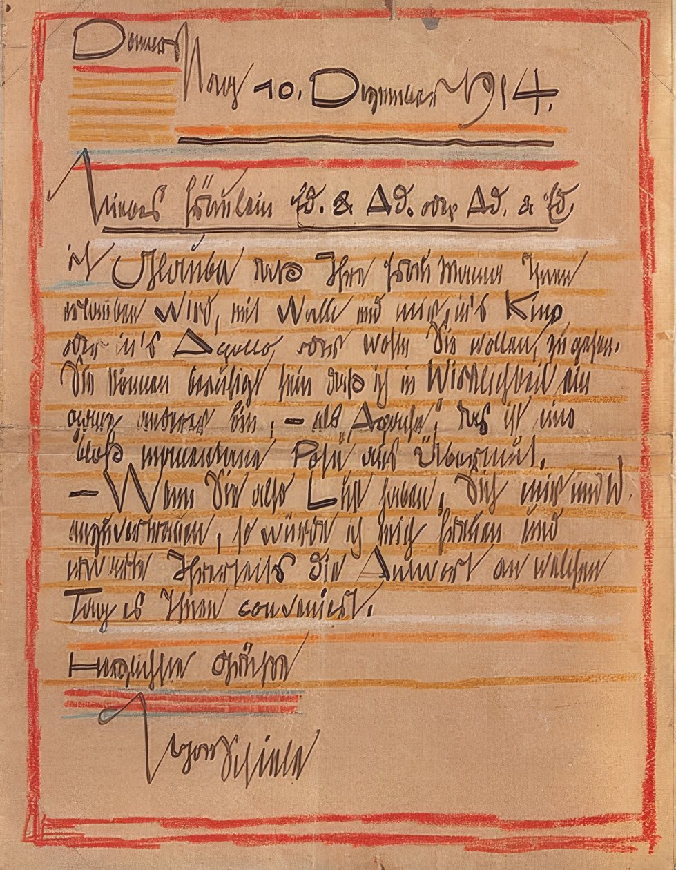 埃贡·席勒（Egon Schiele）于1914年12月10日给伊迪丝（Edith）和阿黛尔·哈姆斯（Adele Harms）姐妹的艺术设计信 作者 埃贡·席勒（Egon Schiele）