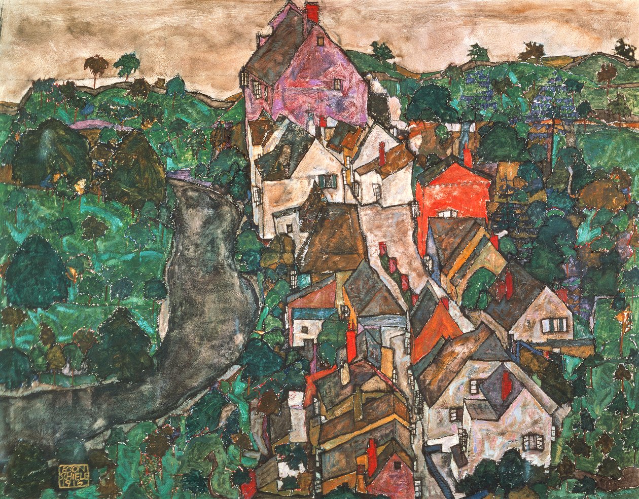 在Krumau的风景 作者 埃贡·席勒（Egon Schiele）