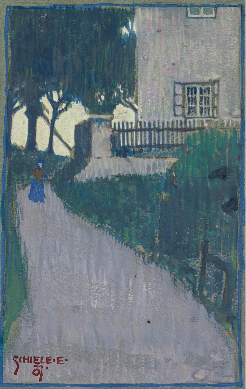 带有房屋、树木和女性形象的景观，席勒，埃贡（1890-1918） 作者 埃贡·席勒（Egon Schiele）