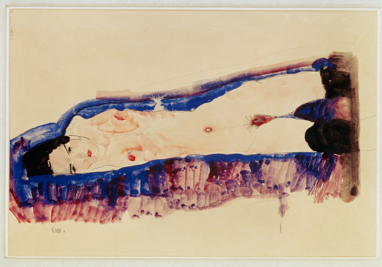 穿着黑丝袜的裸体卧姿......（水彩和铅笔） 作者 埃贡·席勒（Egon Schiele）