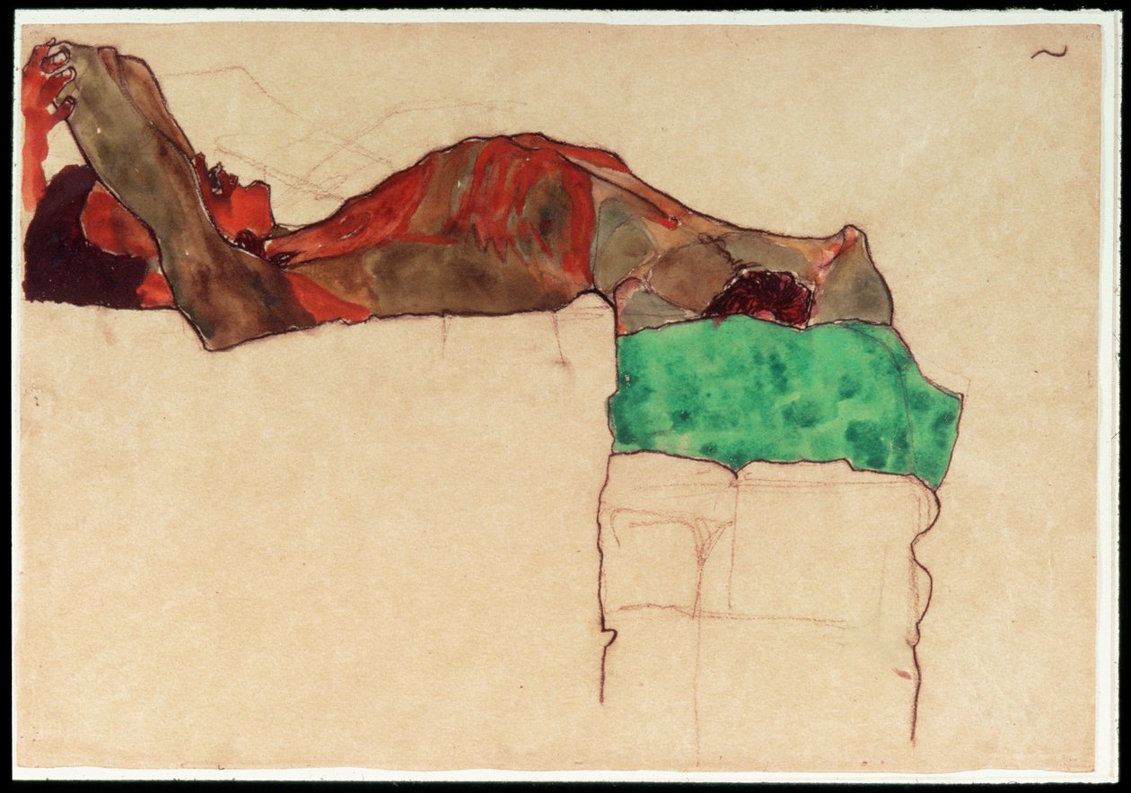 躺着的男性裸体与绿布 [Reclining Male Nude with Green Cloth]（水彩和木炭画） 作者 埃贡·席勒（Egon Schiele）