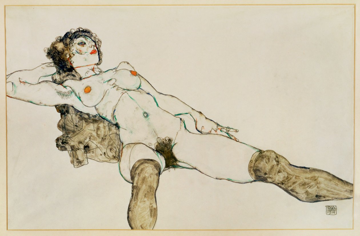 张开双腿的女性裸体卧姿......（水粉画和铅笔） 作者 埃贡·席勒（Egon Schiele）