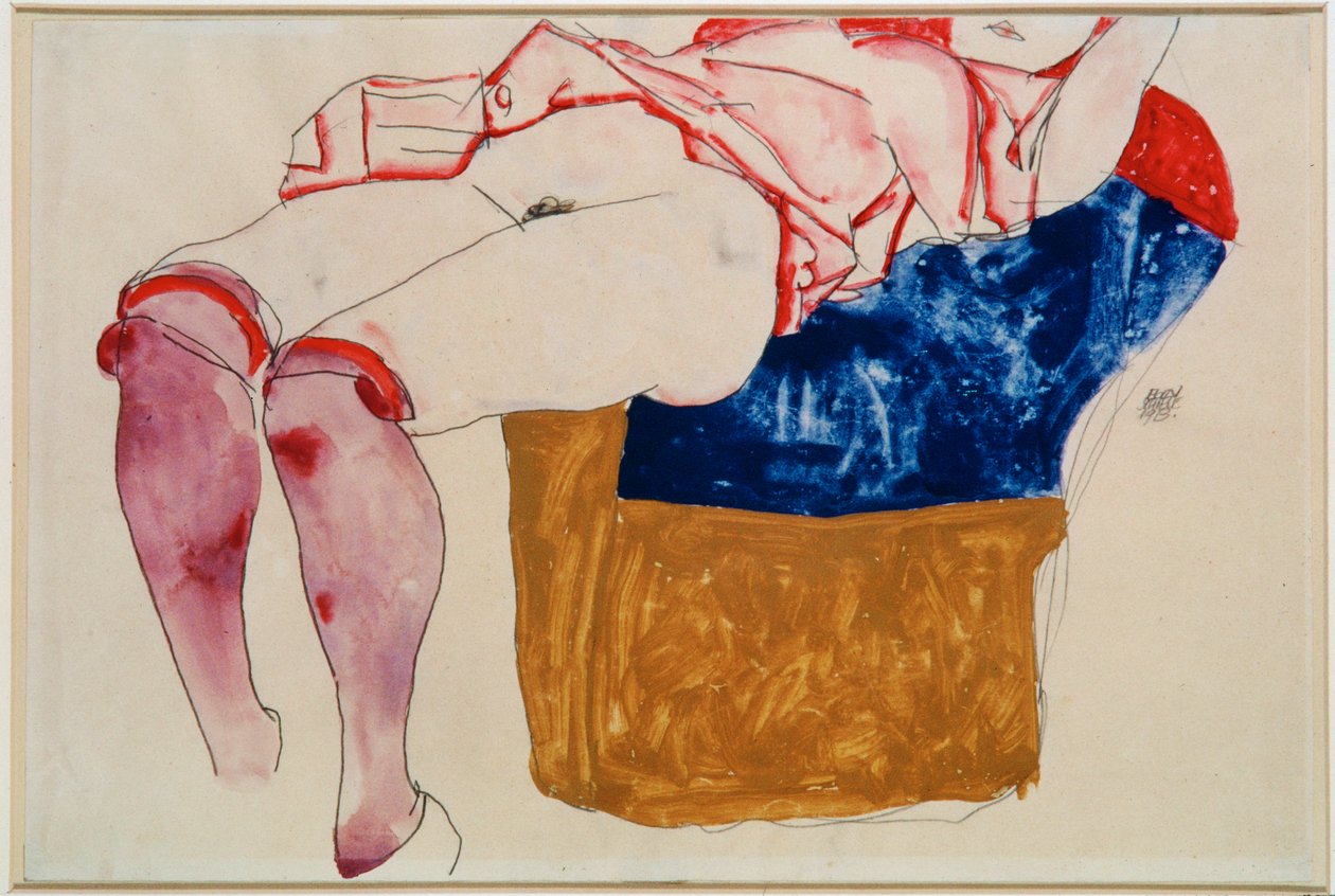 穿着紫色长袜的躺着的女孩 [躺着的...（水粉画、水彩画和铅笔画） 作者 埃贡·席勒（Egon Schiele）