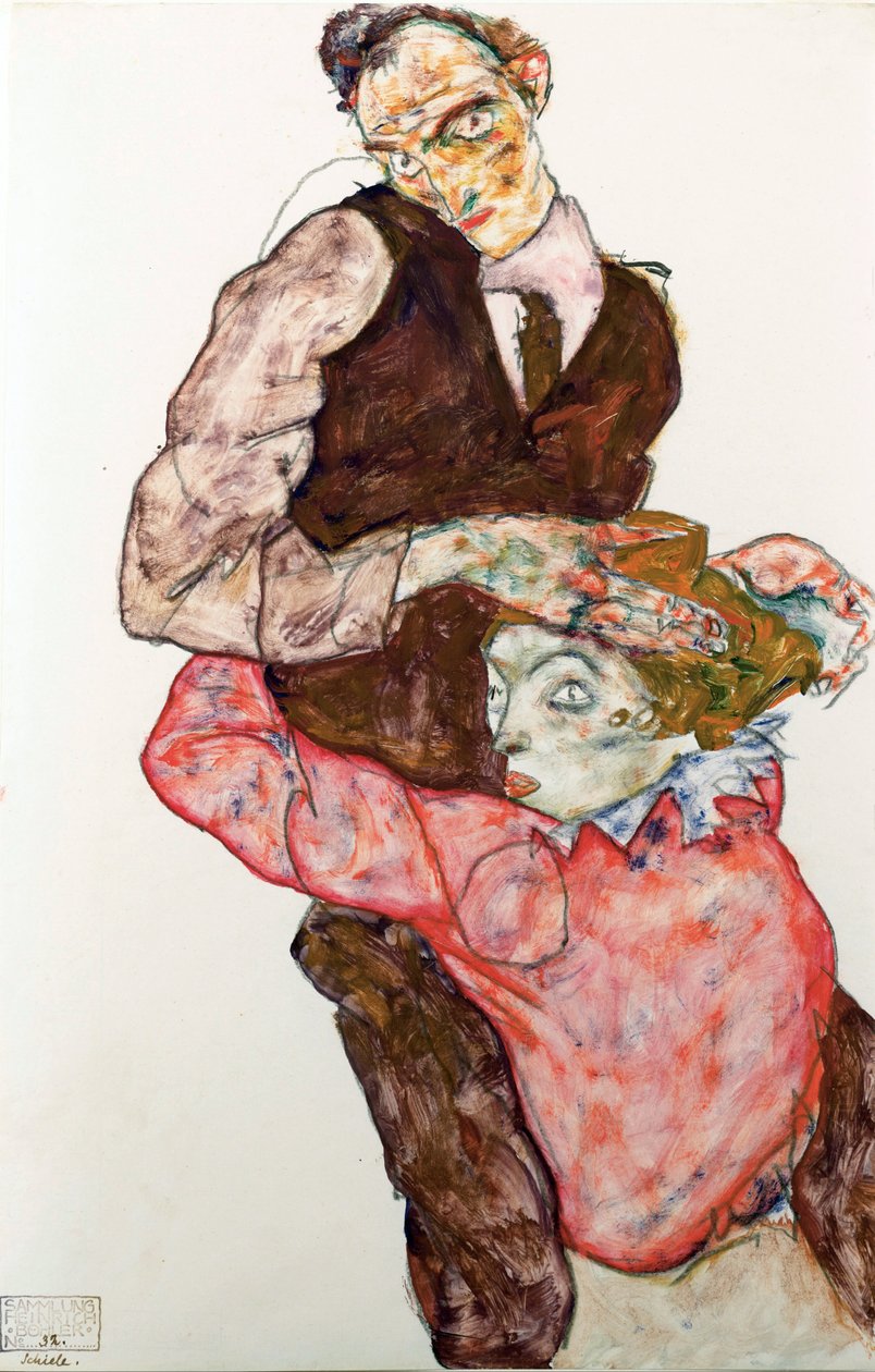 Lovers - Schiele, Egon (1890-1918) - 1914-1915 - 纸上黑色粉笔、水粉 - 47.4x30.5 - 维也纳利奥波德博物馆 作者 埃贡·席勒（Egon Schiele）