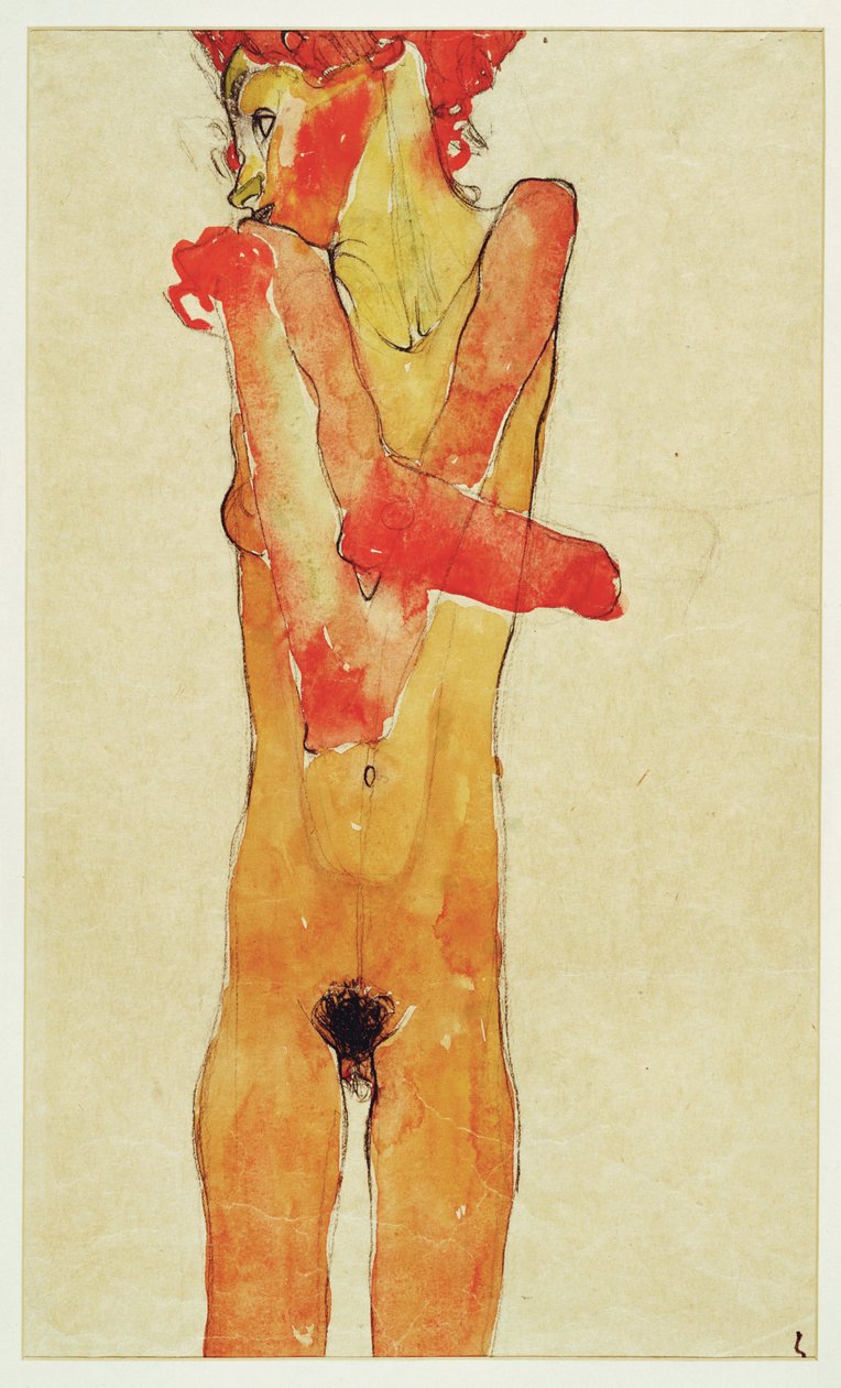Maedchenakt mit verschraenkten Armen（裸体女孩与......（水彩和炭笔） 作者 埃贡·席勒（Egon Schiele）