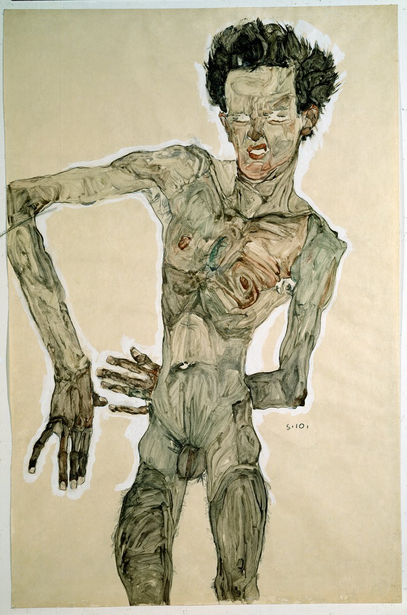 男性裸体（自画像）。绘画由Egon Schiele（1890-1918），1910年。铅笔，水彩和蛋彩画在纸上。昏暗：55,7x36,8cm。维也纳，Graphische Sammlung Albertina 作者 埃贡·席勒（Egon Schiele）