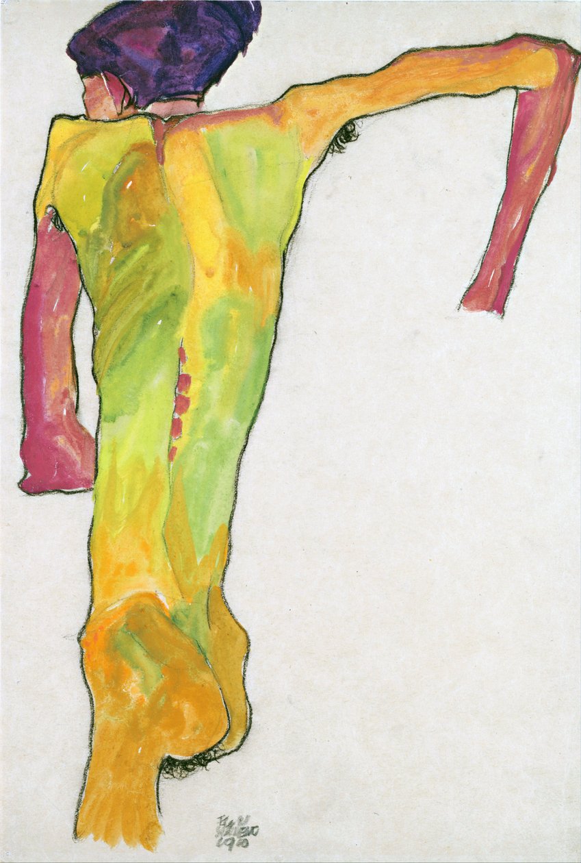男性裸体，支撑自己 (Homme nu, se soutenant) - 席勒, 埃贡 (1890-1918) - 1910 - 纸上水粉画 - 44,7x30,2 - 维也纳利奥波德博物馆 作者 埃贡·席勒（Egon Schiele）