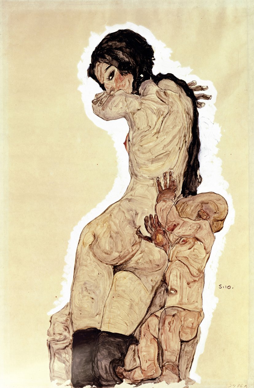 Mere et enfant（母亲与孩子）。Oeuvre de Egon Schiele (1890-1918)，纸上水彩和水粉画 作者 埃贡·席勒（Egon Schiele）