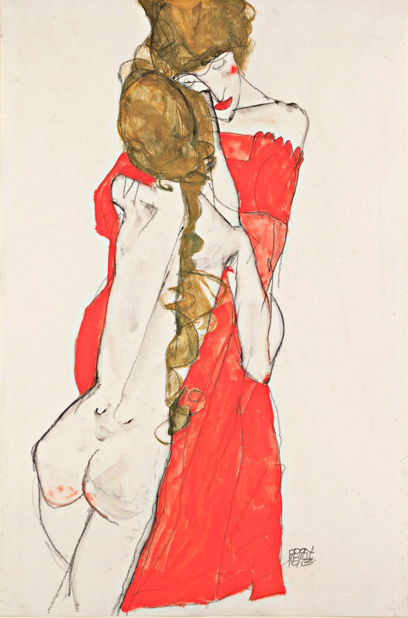 Mere et fille - Oeuvre de Egon Schiele (1890-1918)，纸上水粉画 作者 埃贡·席勒（Egon Schiele）
