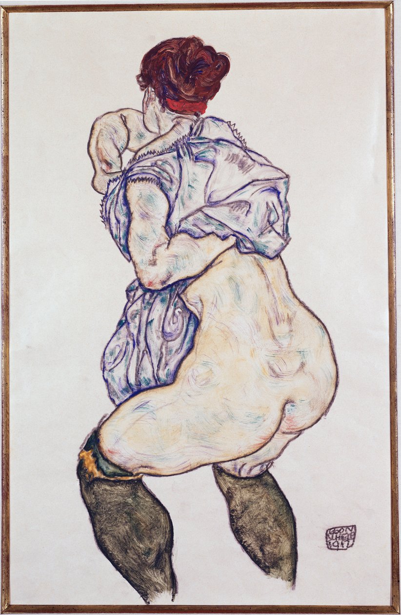 情妇Halbakt与绿色丝袜，1917年 作者 埃贡·席勒（Egon Schiele）