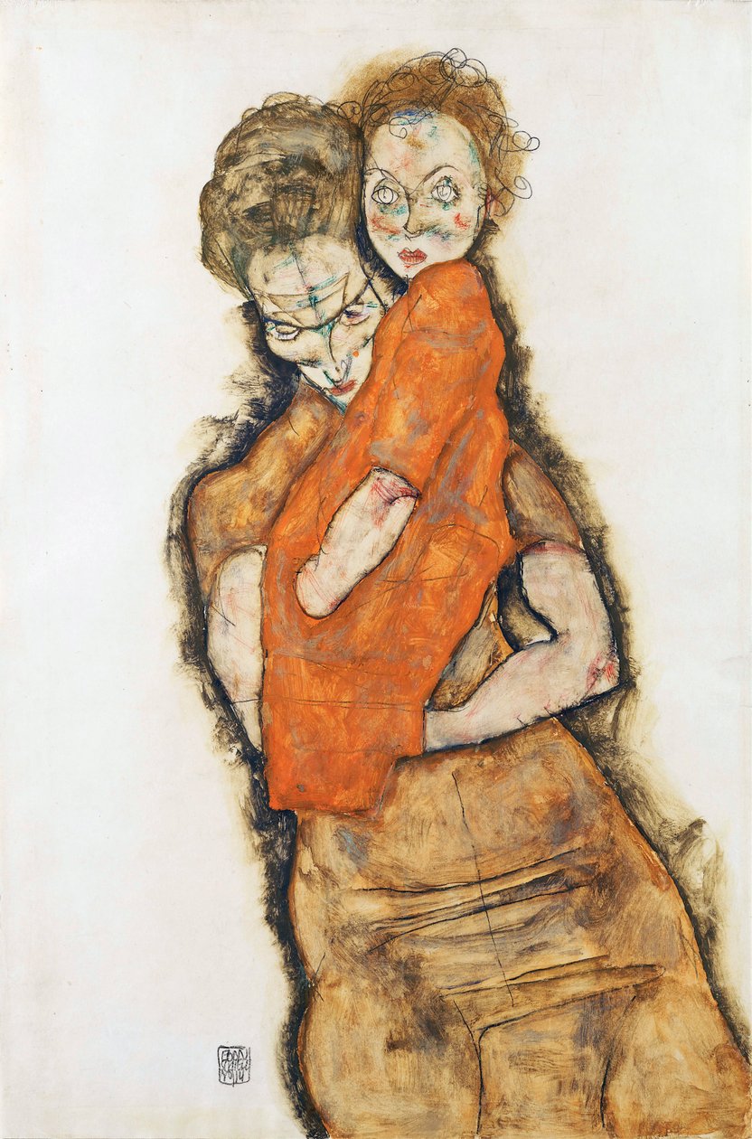 母与子 - 舍勒, 埃贡 (1890-1918) - 1914 - 纸上黑色粉笔、水粉 - 48,2x31,9 - 维也纳利奥波德博物馆 作者 埃贡·席勒（Egon Schiele）