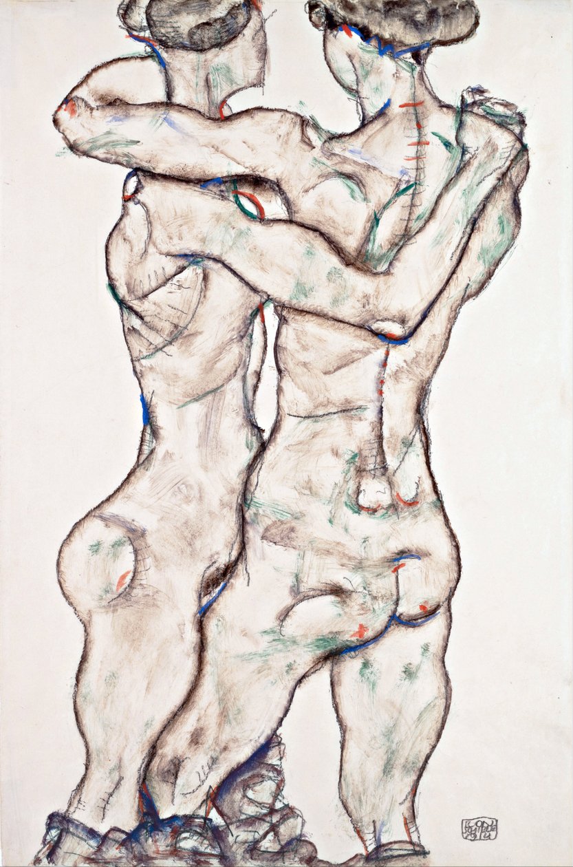 裸女相拥 - 席勒, 埃贡 (1890-1918) - 1914 - 纸上黑色粉笔、水粉 - 48x31,2 - 维也纳利奥波德博物馆 作者 埃贡·席勒（Egon Schiele）
